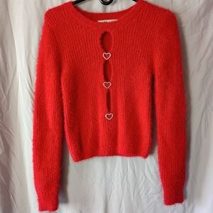 Madden Girl Bright Red Fuzzy Crewneck Sweater with Heart Cutouts